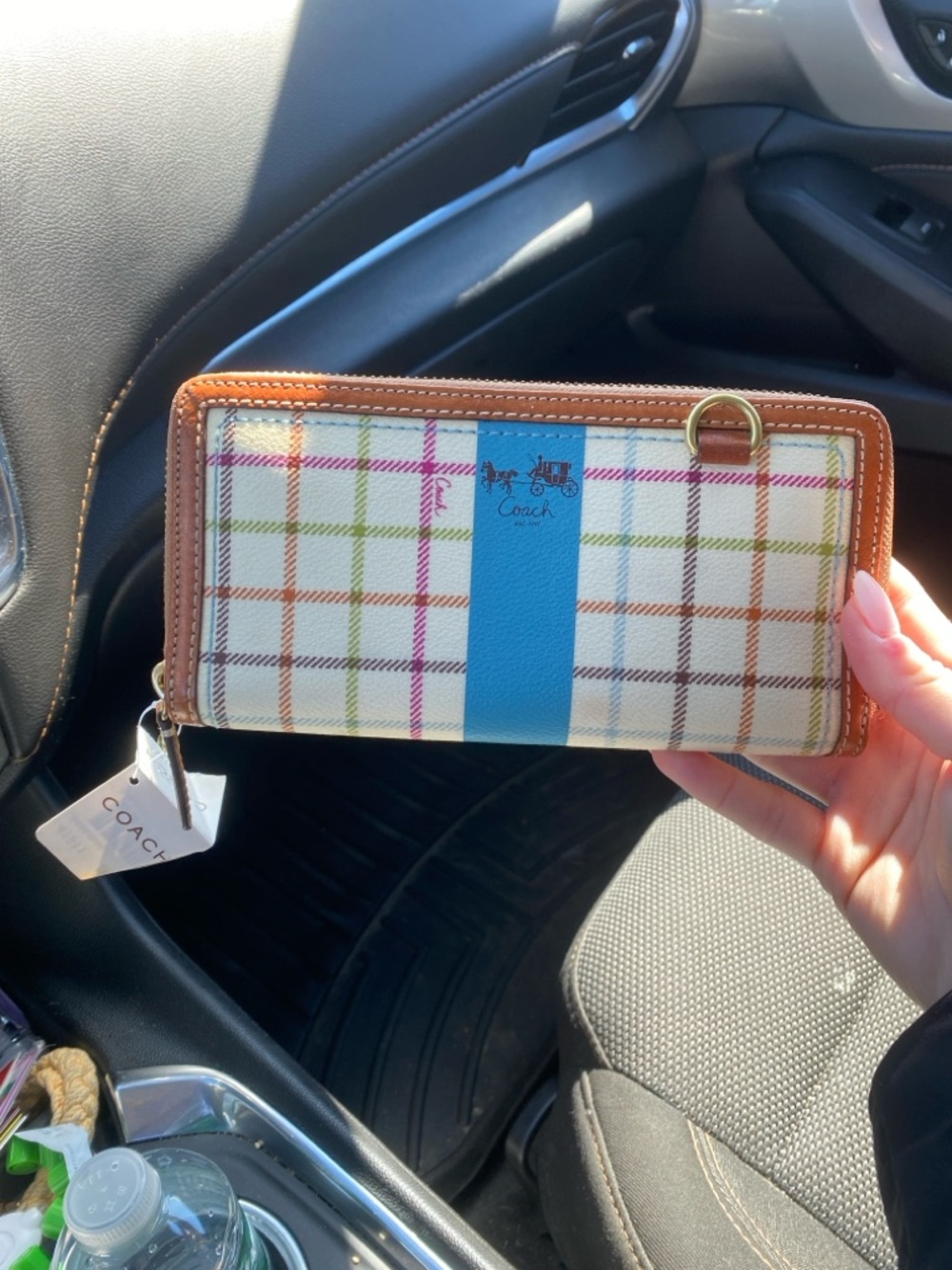 Coach Plaid Zip Wallet with Blue Stripe and Tan Trim